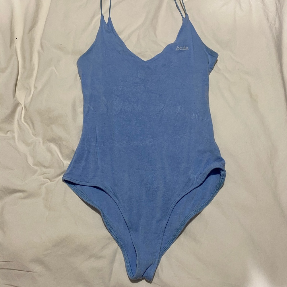 LA Hearts “babe” Embroidered Blue Spaghetti Strap Bodysuit